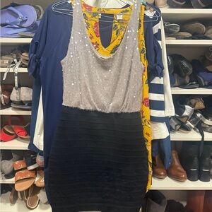 Express One-Shoulder Sequin Bodice Dress in Silver and Black